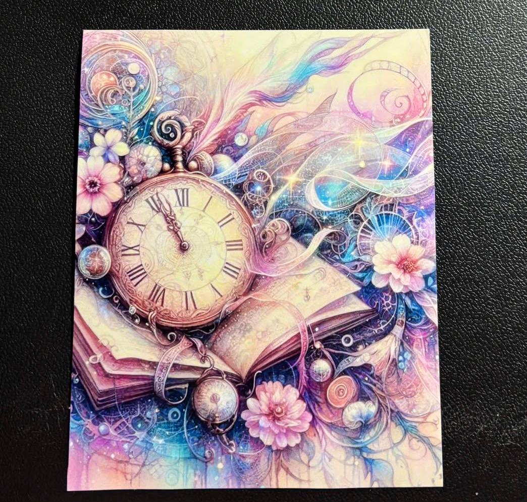 Pretty Pocket Watch & Book Pastel-Themed Laminated Diamond Painting Release Papers – 12 Pack (4in x 5in)