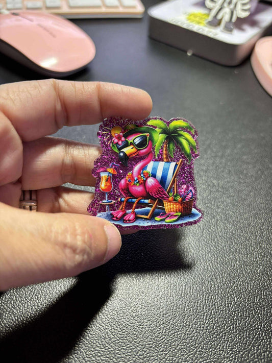 Pink Flamingo Beach Vibes Diamond Painting Cover Minder / Cross Stitch Needle Minder – Dark Pink Glitter Acrylic, Tropical Craft Magnet