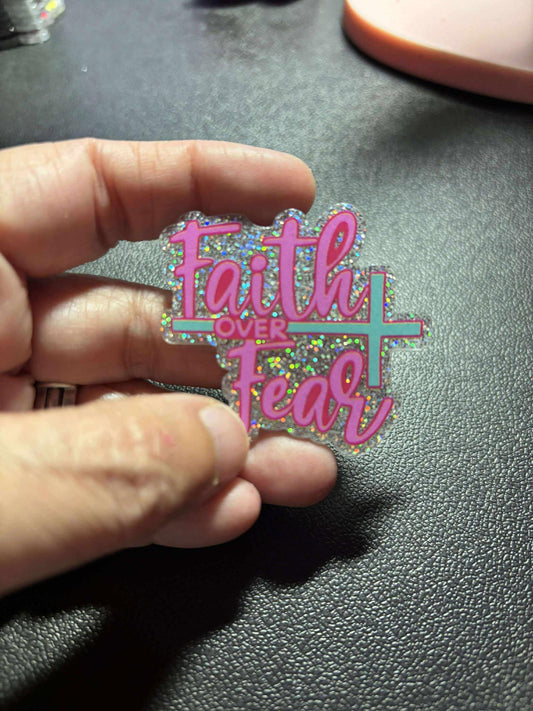 Faith Over Fear Diamond Painting Cover Minder Cross Stitch Needle Minder Pink and Teal on Silver Glitter Acrylic Inspirational Craft Magnet