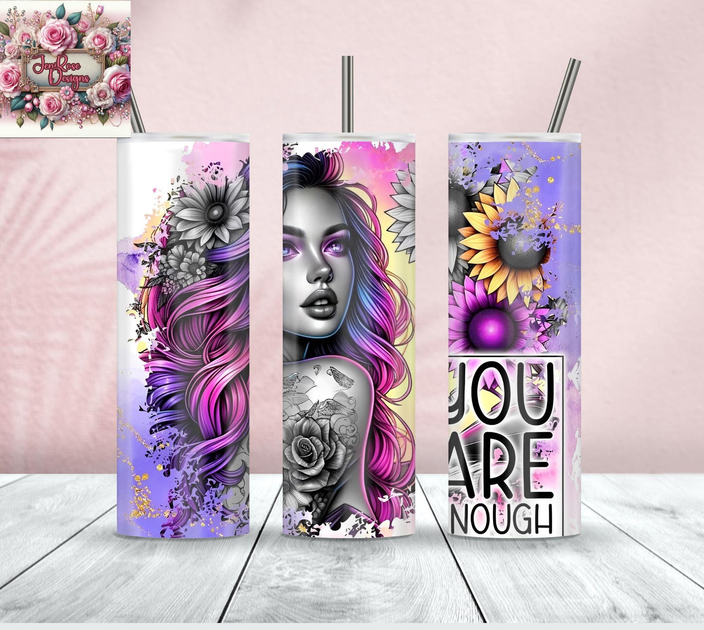 You Are Enough" Sunflower Baddie Tumbler – 20 oz Stainless Steel | Self-Love Inspirational Gift | Empowering Floral Cup for Her