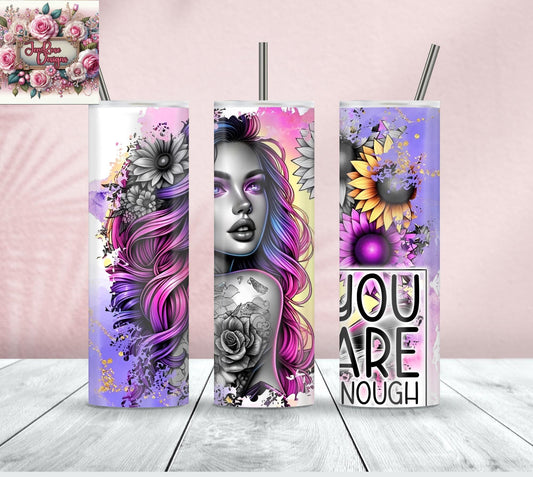 You Are Enough" Sunflower Baddie Tumbler – 20 oz Stainless Steel | Self-Love Inspirational Gift | Empowering Floral Cup for Her