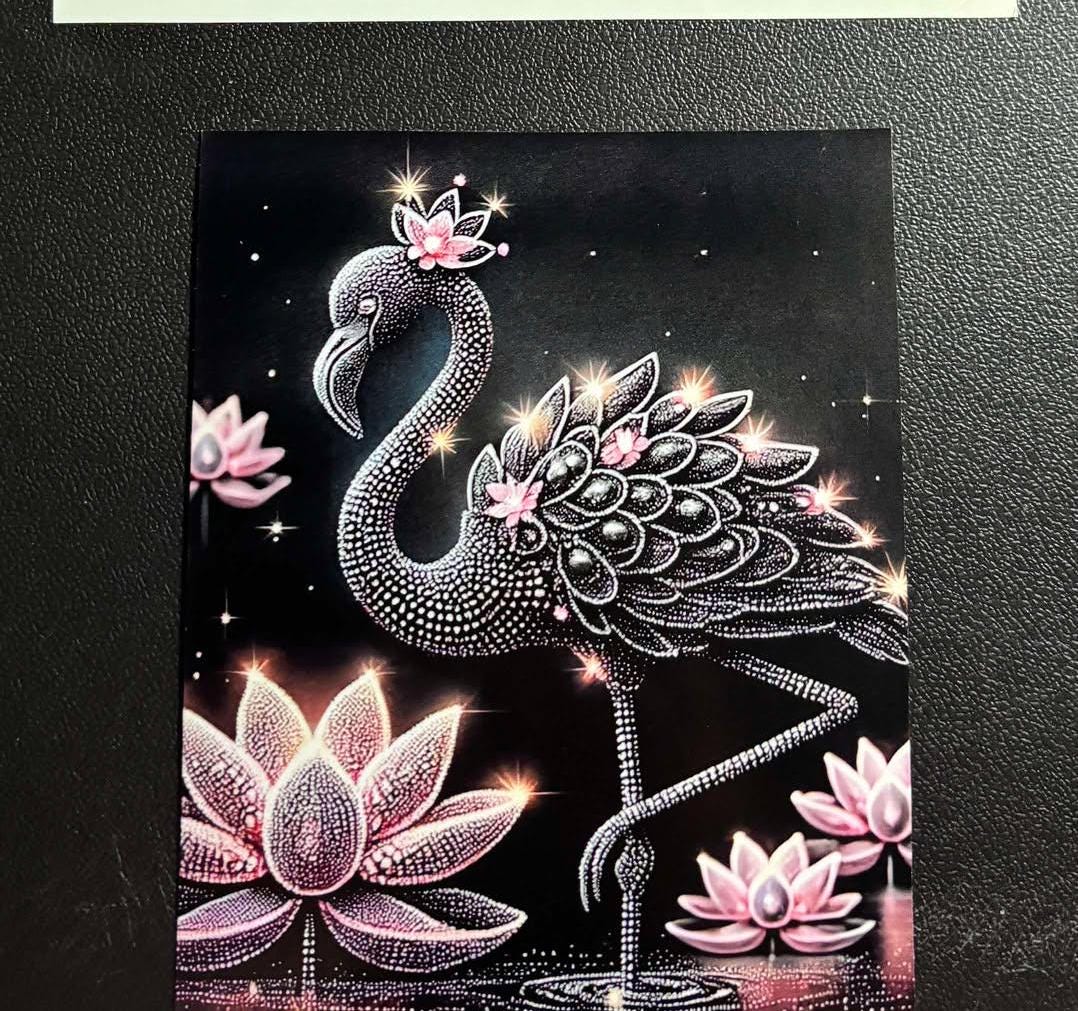 Blinged Flamingo with Lotus Flowers Laminated Diamond Painting Release Papers – 12 Pack (4in x 5in)