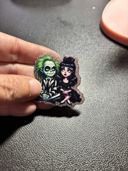 Beetleguise and Lydia Diamond Painting Cover Minder / Cross Stitch Needle Minder – Light Pink Glitter Acrylic, Spooky Cute Craft Magnet