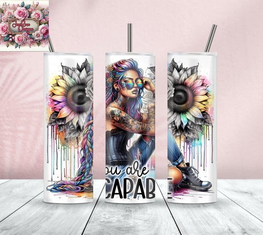 You Are Capable Tumbler – 20 oz Stainless Steel | Baddie Girl Sunflower Cup | Inspirational Self-Love Drinkware | Empowerment Gift for Her