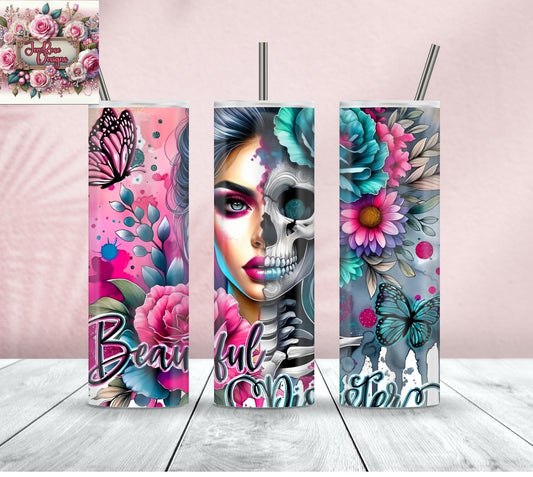 Beautiful Disaster Tumbler – 20 oz Stainless Steel | Skull & Female Art Cup | Edgy, Bold, Empowerment Gift for Her