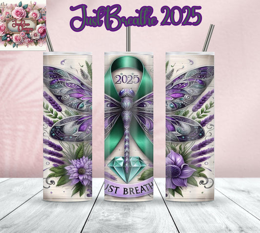 Just Breathe Dragonfly Tumbler - 20oz Stainless Steel Insulated Cup, Purple Green Watercolor Dragonfly Gift, Inspirational Travel Mug
