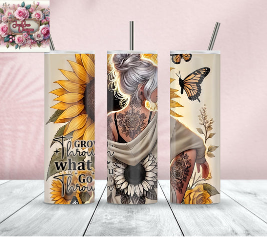 Motivational Baddie Tumbler – 20 oz Stainless Steel | Sunflower Self Love Cup | “Grow Through What You Go Through” Empowerment Gift