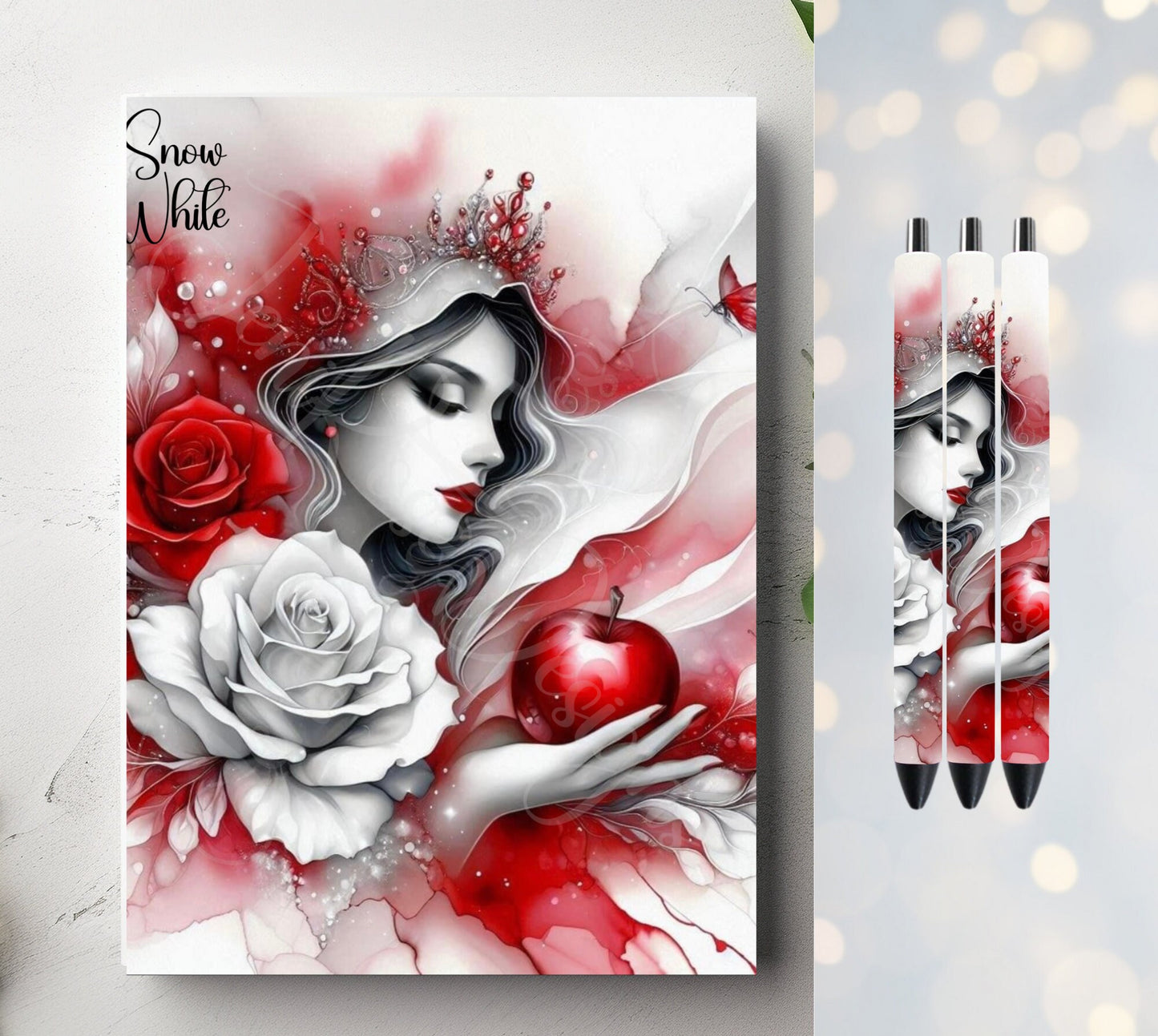 Snow White Inspired 20 oz Tumbler, 15 in Canvas Tote Bag, and A5 Faux Leather Journal with Matching Pen Diamond Painting Release Papers