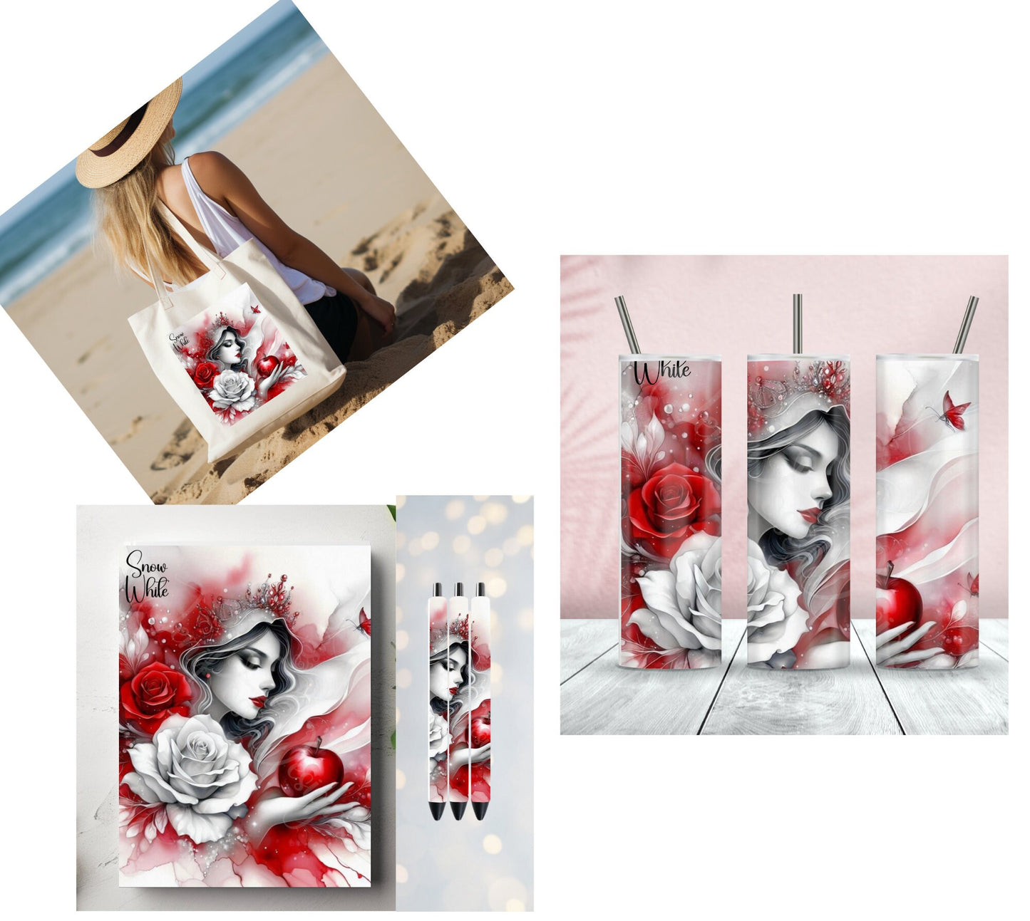 Snow White Inspired 20 oz Tumbler, 15 in Canvas Tote Bag, and A5 Faux Leather Journal with Matching Pen Diamond Painting Release Papers