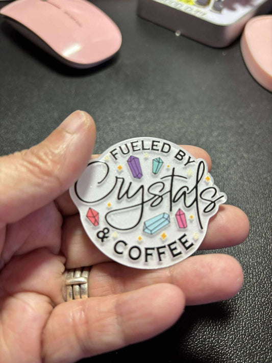 Fueled by Crystals and Coffee Diamond Painting Cover Minder / Cross Stitch Needle Minder – White Glitter Acrylic, Witchy Vibe Craft Magnet