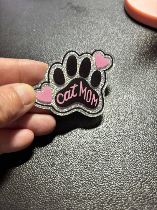 Cat Mom Paw Print Diamond Painting Cover Minder / Cross Stitch Needle Minder – Silver Glitter Acrylic, Pet Lover Craft Magnet