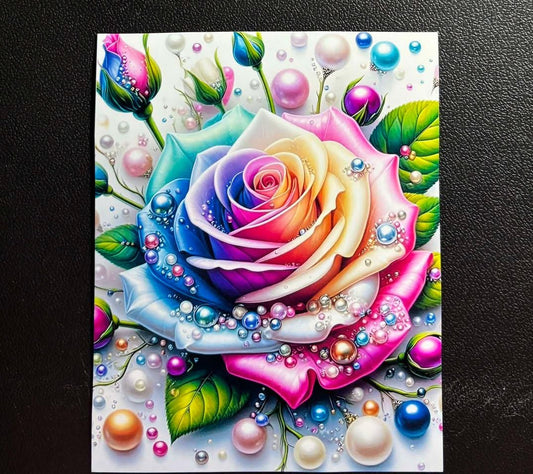 Rainbow Rose with Pretty Pearls Laminated Diamond Painting Release Papers – 12 Pack (4in x 5in)